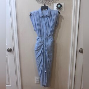 Light Blue DO + BE Front Tie Midi Pleated Draped Power Shoulder Dress in Size S